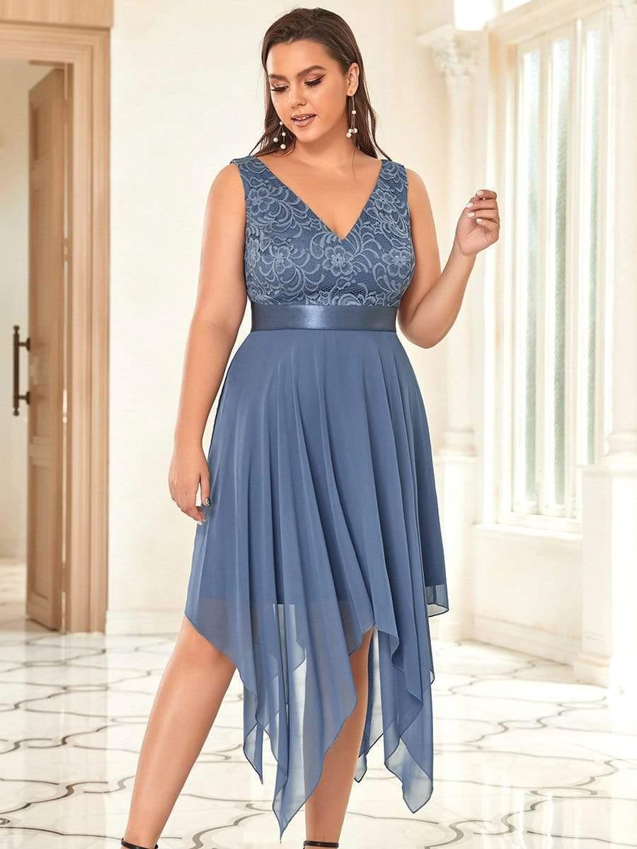 Robe de demoiselle d'honneur en dentelle et en mousseline de soie à col en V de grande taille #Couleur_Marine Fume