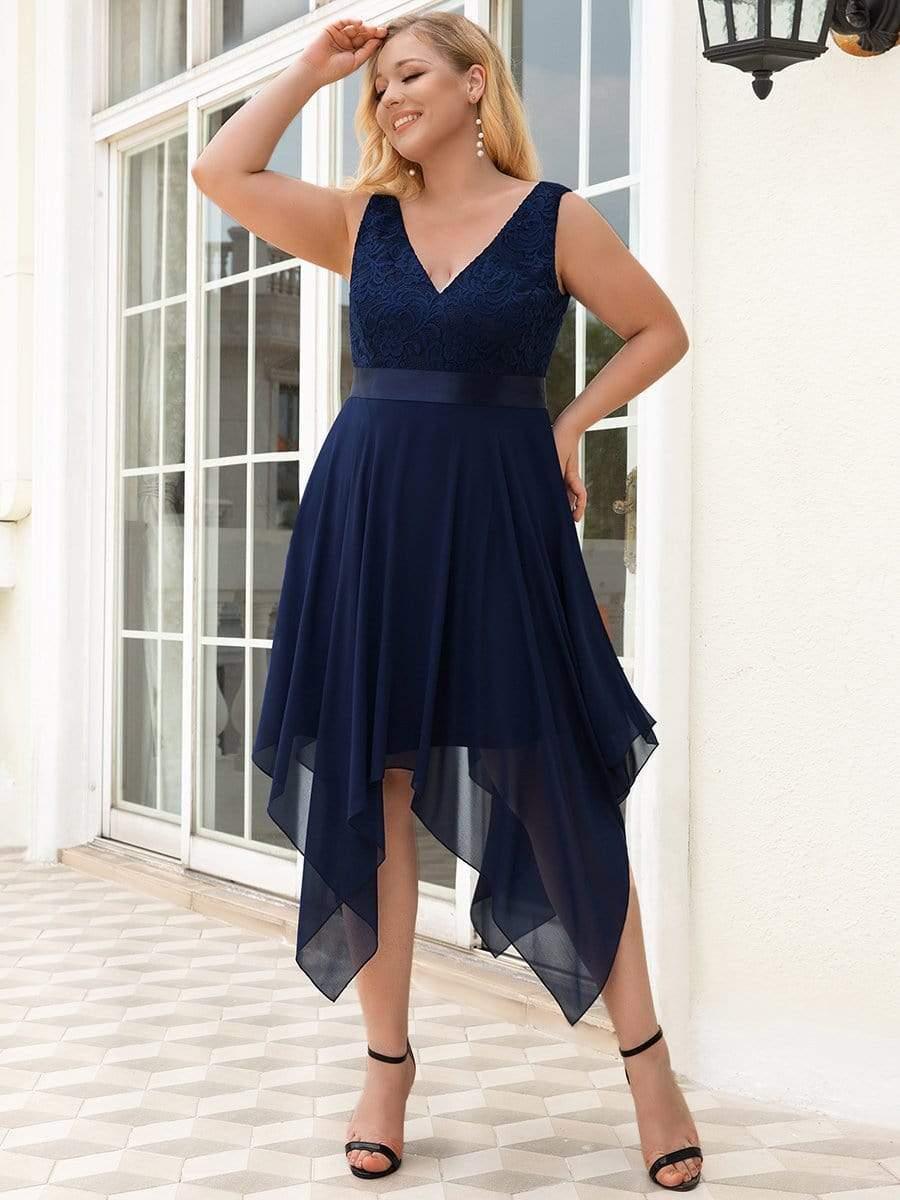 Robe de demoiselle d'honneur en dentelle et en mousseline de soie à col en V de grande taille #Couleur_Bleu Marine