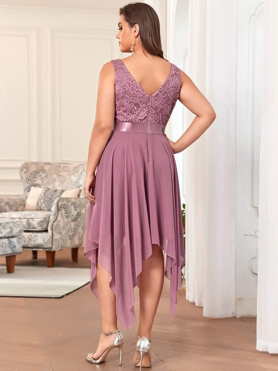 Robe de demoiselle d'honneur en dentelle et en mousseline de soie à col en V de grande taille #Couleur_Orchidee