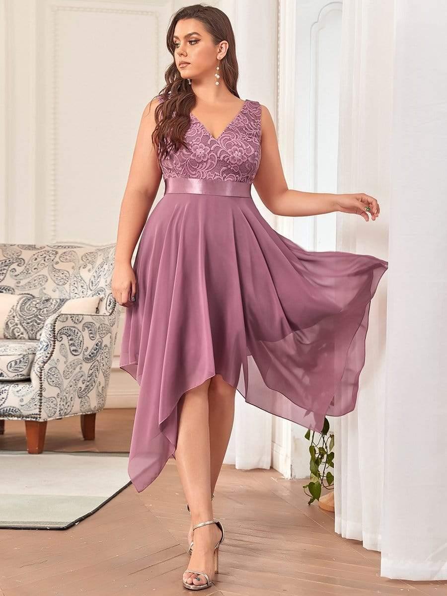 Robe de demoiselle d'honneur en dentelle et en mousseline de soie à col en V de grande taille #Couleur_Orchidee
