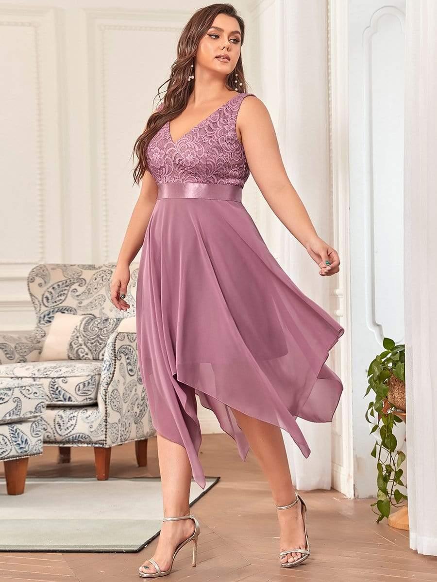 Robe de demoiselle d'honneur en dentelle et en mousseline de soie à col en V de grande taille #Couleur_Orchidee