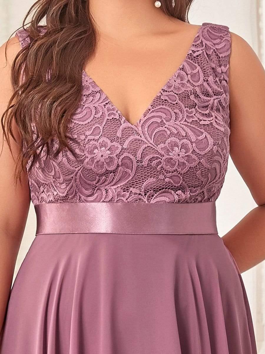 Robe de demoiselle d'honneur en dentelle et en mousseline de soie à col en V de grande taille #Couleur_Orchidee