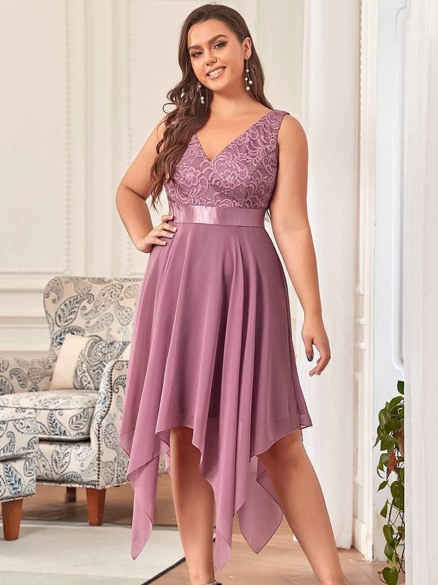 Robe de demoiselle d'honneur en dentelle et en mousseline de soie à col en V de grande taille #Couleur_Orchidee
