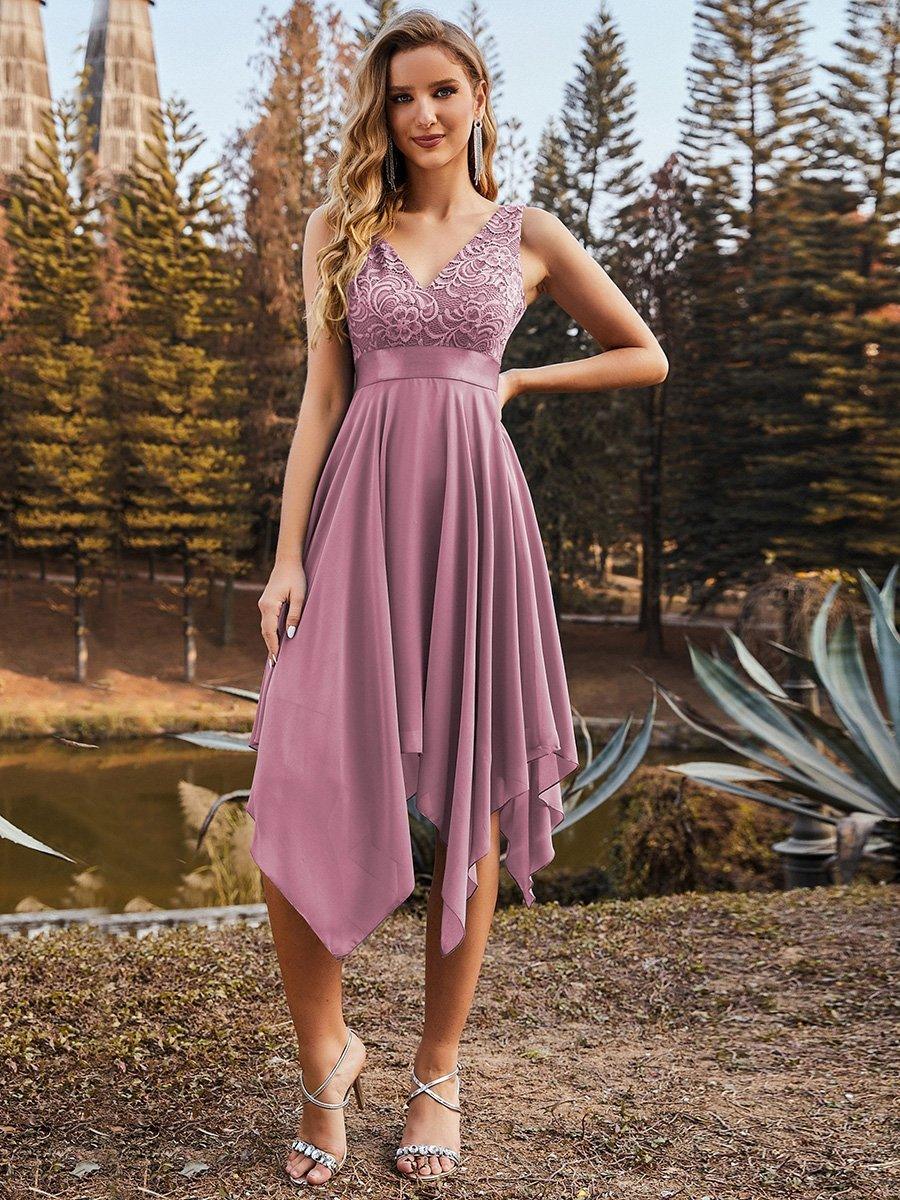 Robe mariage invitée en dentelle à col en V mi-longue fluide #Couleur_Orchidee