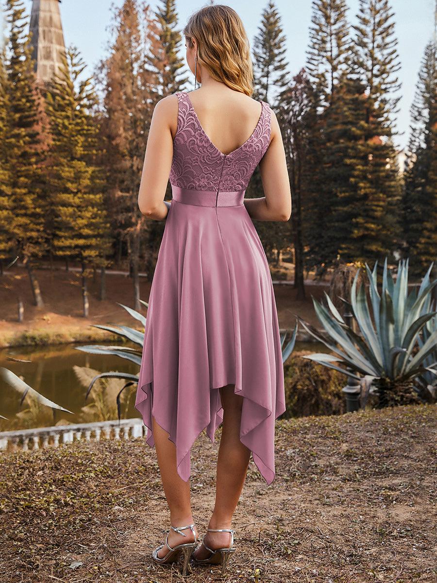 Robe mariage invitée en dentelle à col en V mi-longue fluide #Couleur_Orchidee