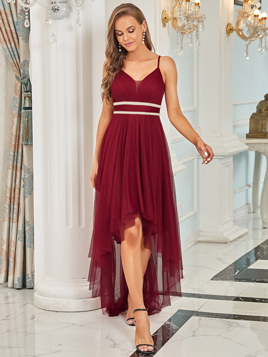 élégante robe de bal en tulle avec ceinture perlée #Couleur_Bordeaux