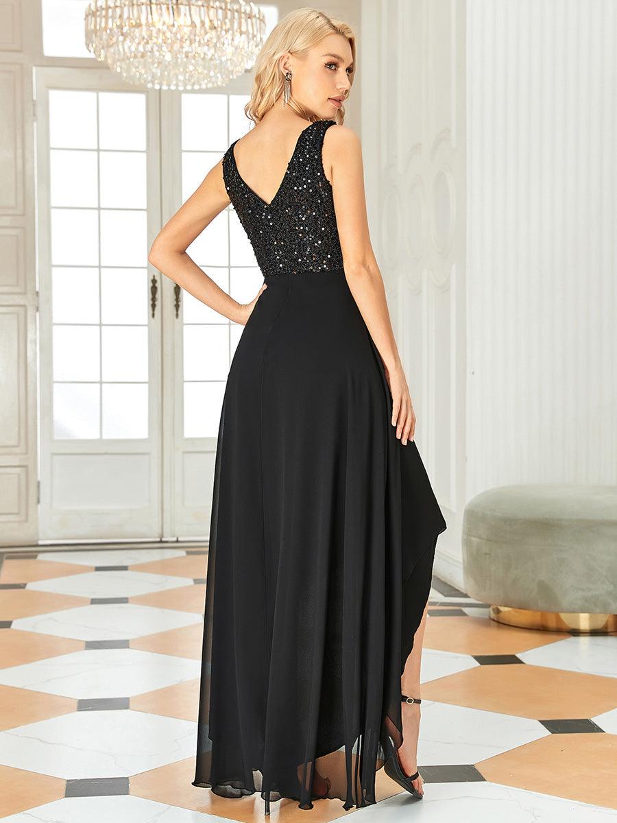 Robes de soirée sexy en mousseline de soie maxi haut-bas avec paillettes #Couleur_Noir