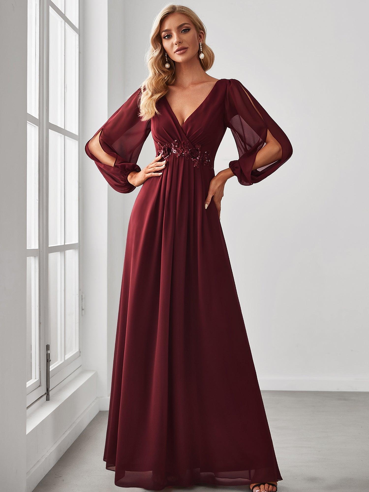 Robe Mère De La Mariée moderne Longue Elegante Avec Lanterne en V Profond #Couleur_Bordeaux