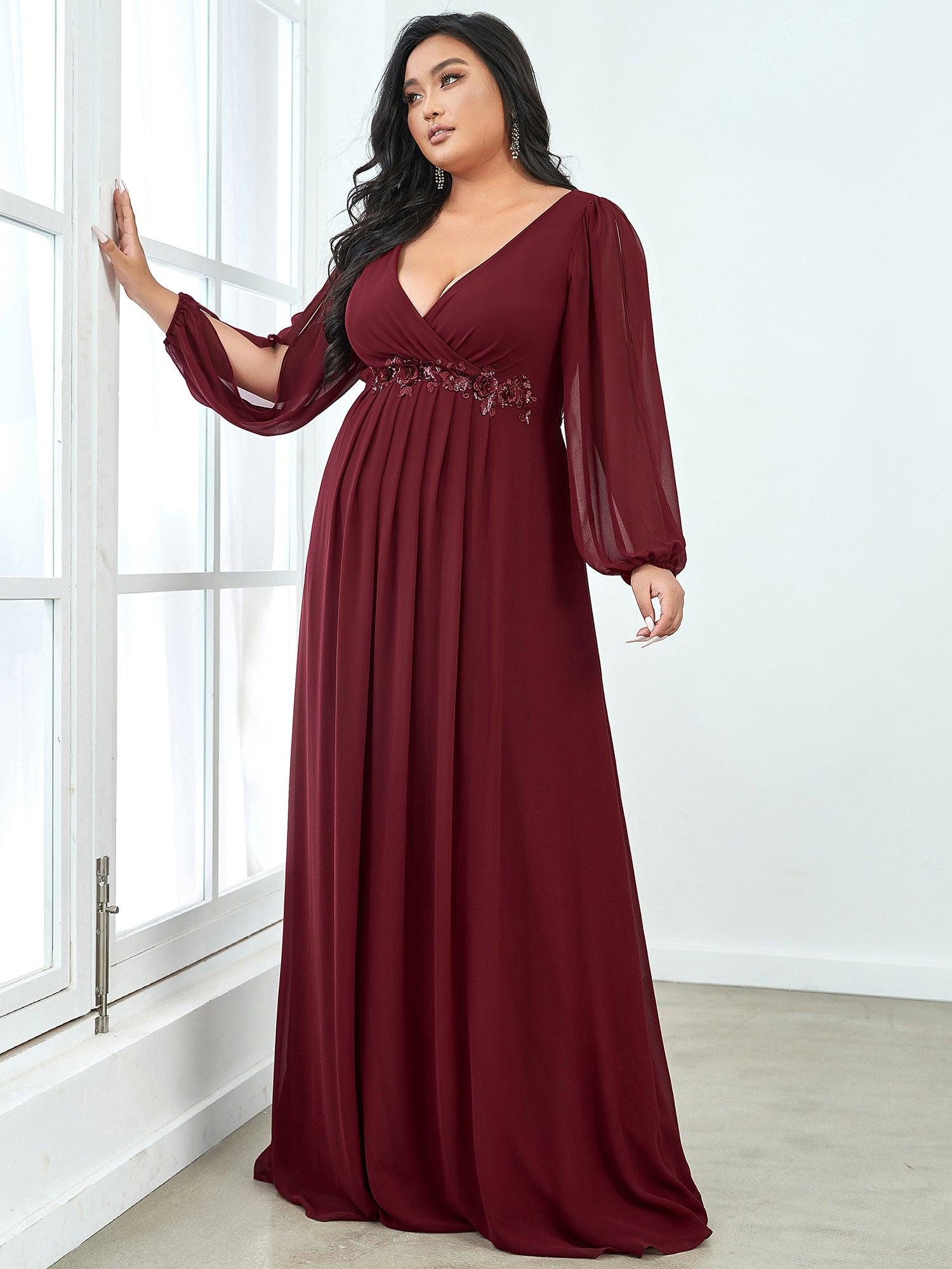 Robe Mère De La Mariée moderne Longue Elegante Avec Lanterne en V Profond #Couleur_Bordeaux