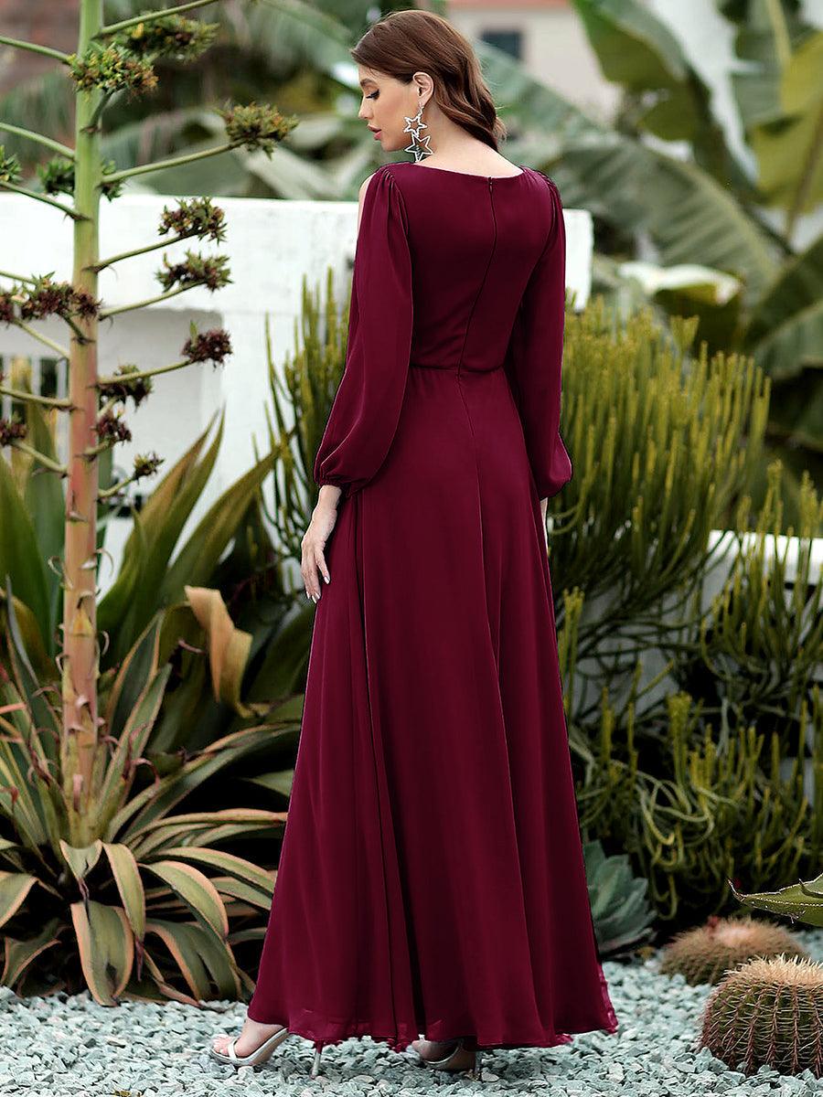 Robe Mère De La Mariée moderne Longue Elegante Avec Lanterne en V Profond #Couleur_Bordeaux