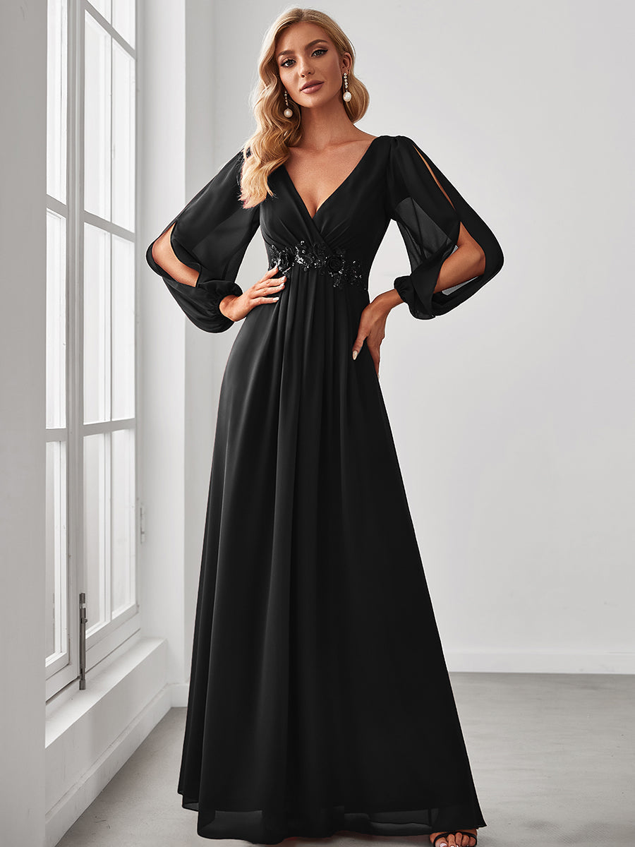 Taille personnalisée Robe de Soiree Longue Elegante Avec Lanterne en V Profond #Couleur_Noir