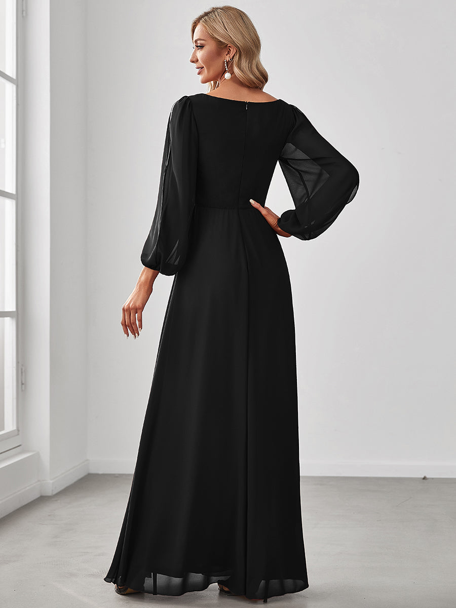 Robe Mère De La Mariée moderne Longue Elegante Avec Lanterne en V Profond #Couleur_Noir