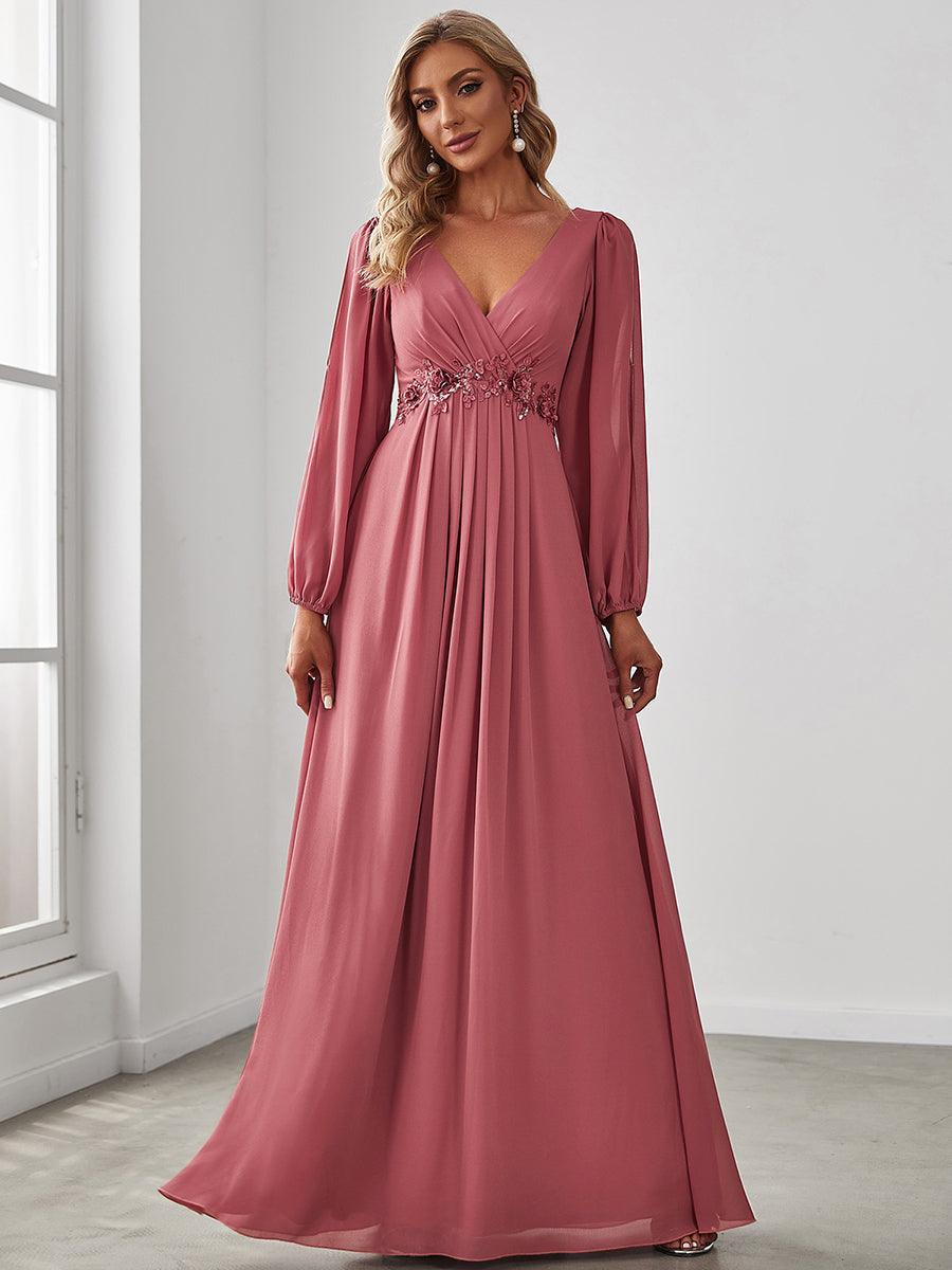 Robe Mère De La Mariée moderne Longue Elegante Avec Lanterne en V Profond #Couleur_Rose corail