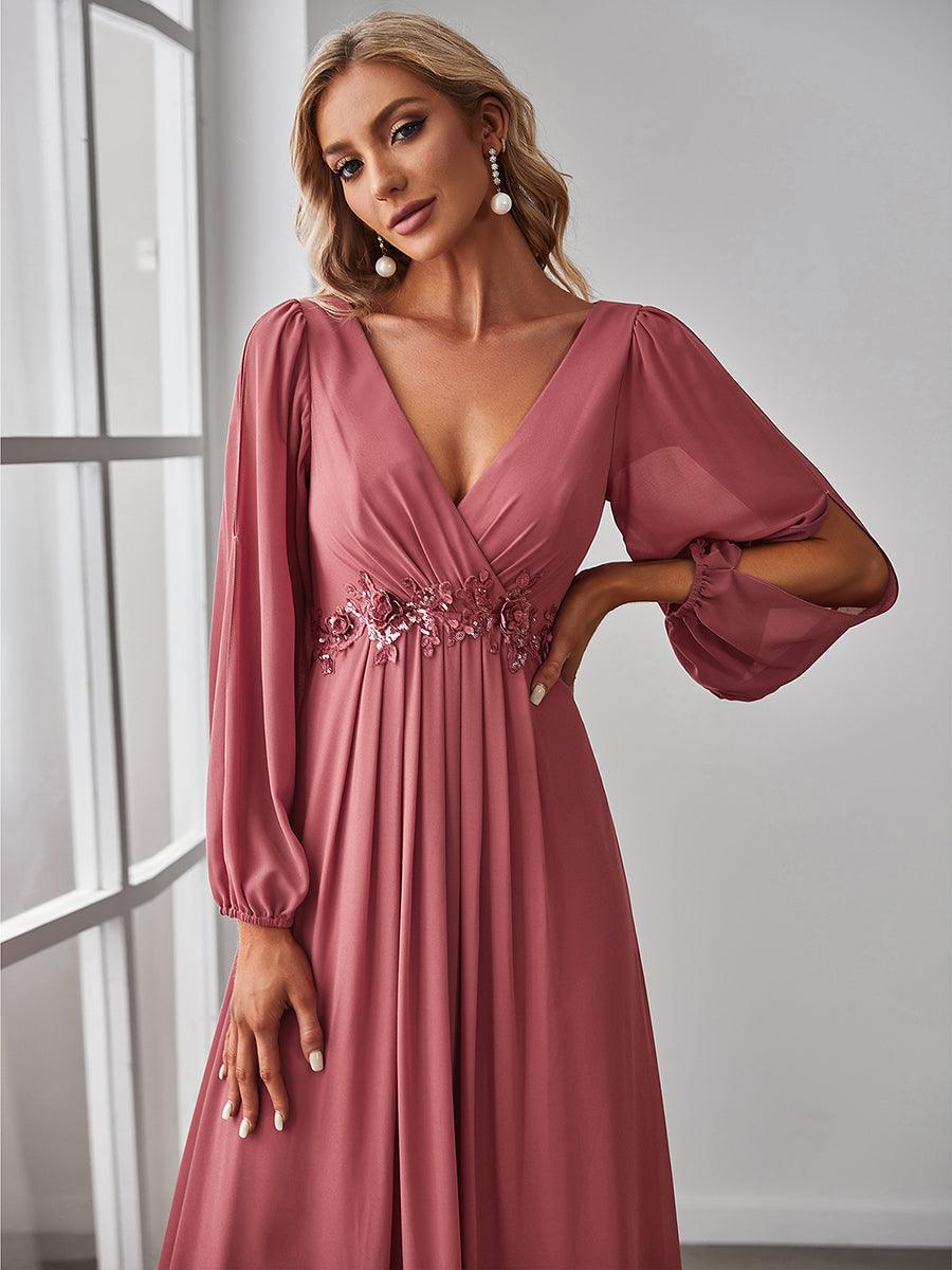 Taille personnalisée Robe de Soiree Longue Elegante Avec Lanterne en V Profond #Couleur_Rose corail