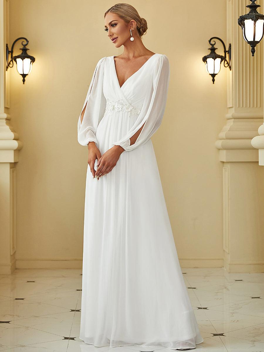 Robe Mère De La Mariée moderne Longue Elegante Avec Lanterne en V Profond #Couleur_Creme