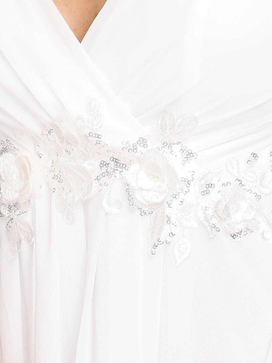 Robe Mère De La Mariée moderne Longue Elegante Avec Lanterne en V Profond #Couleur_Creme
