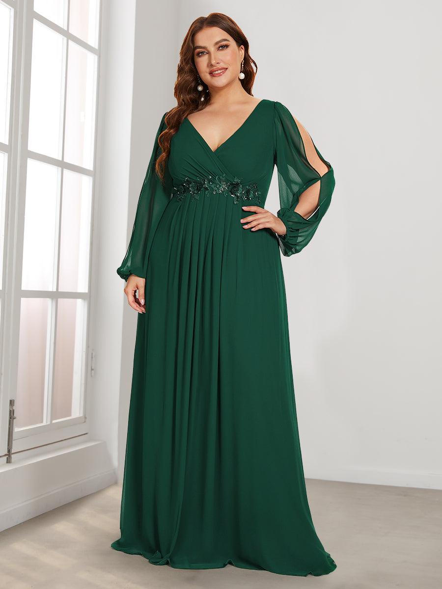 Robe Mère De La Mariée moderne Longue Elegante Avec Lanterne en V Profond #Couleur_Vert Fonce