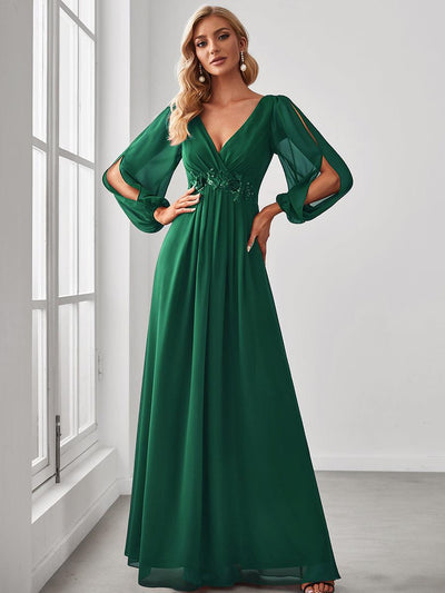 ever AMOUR|Robe Mère De La Mariée moderne Longue Elegante Avec Lanterne en V Profond