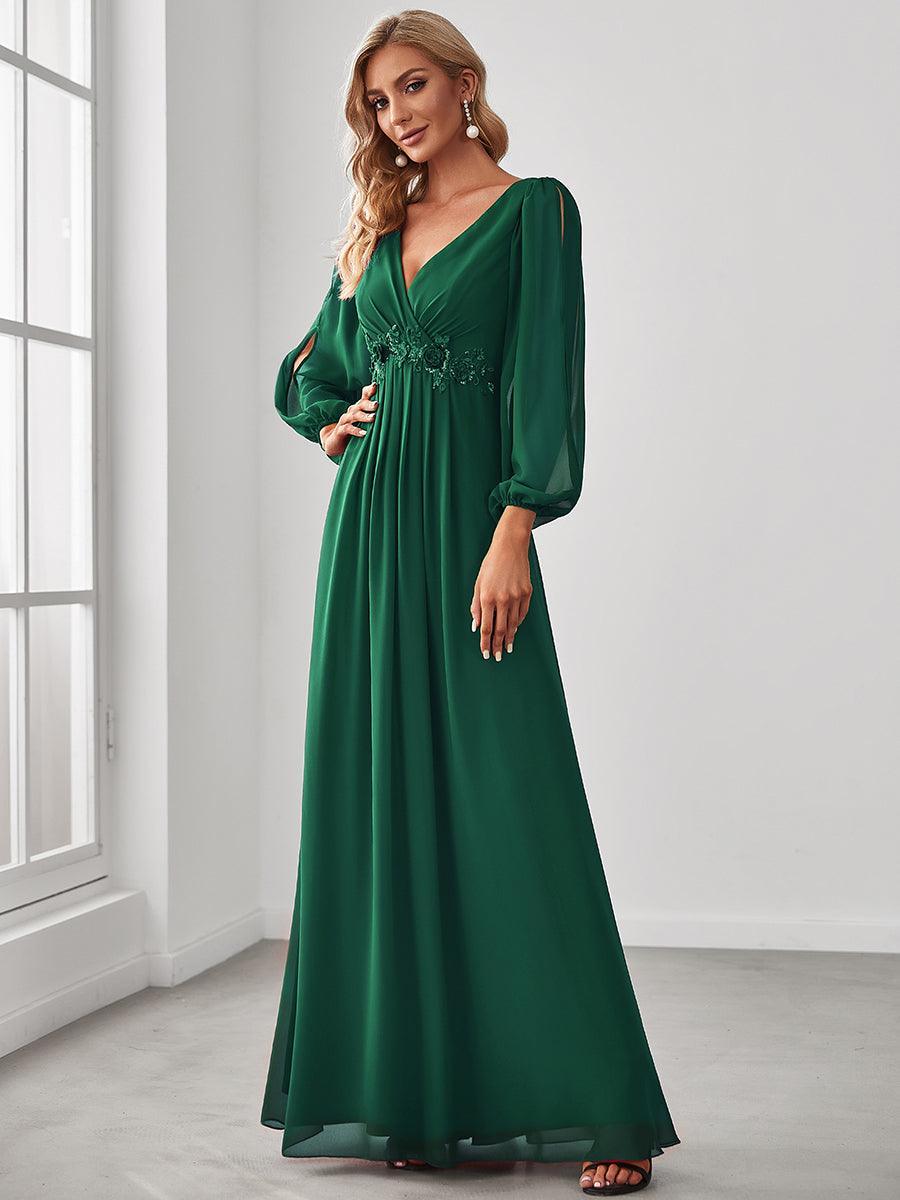 Robe Mère De La Mariée moderne Longue Elegante Avec Lanterne en V Profond #Couleur_Vert Fonce