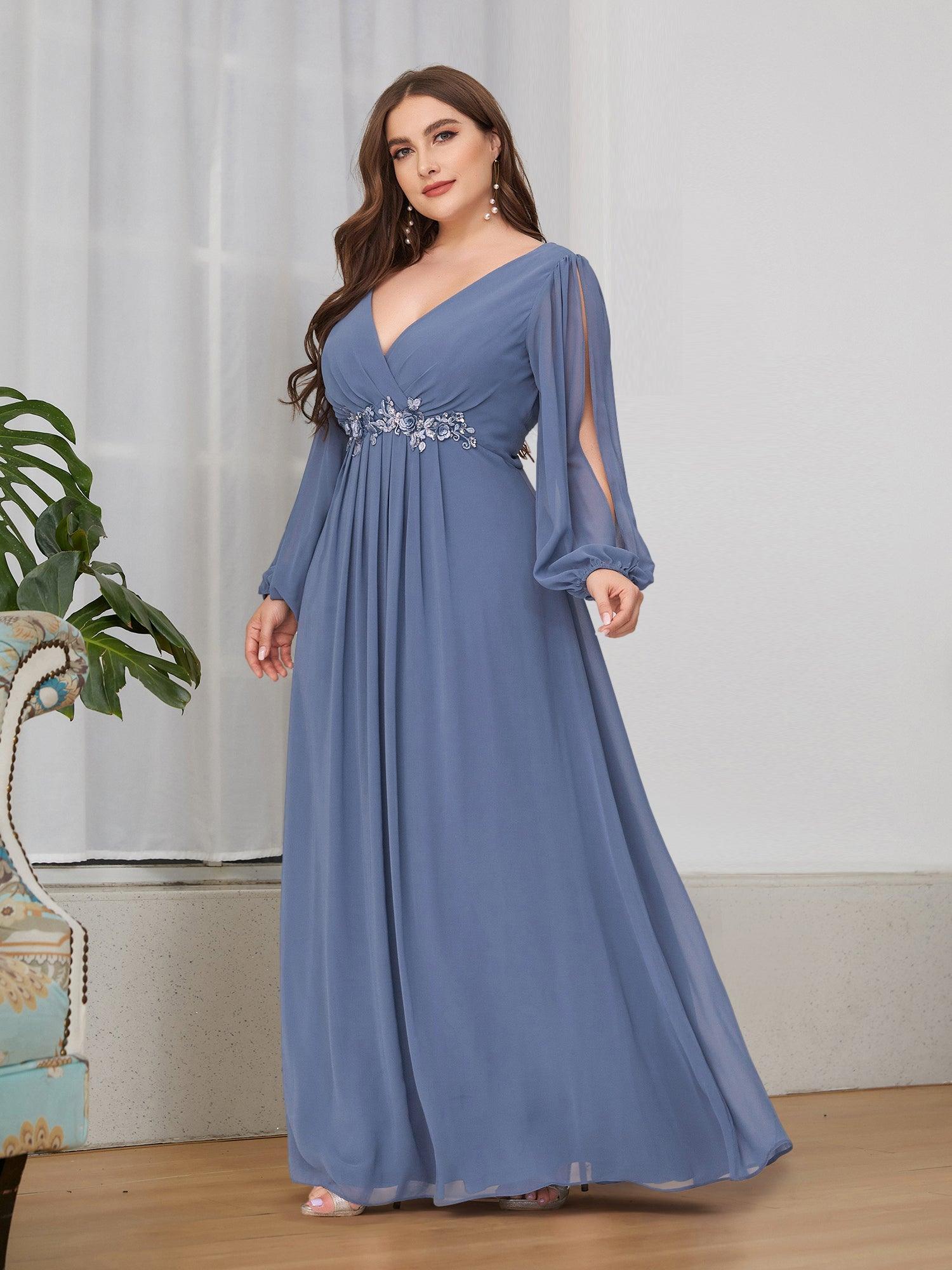 Robes de soirée élégantes en mousseline de soie grande taille avec manches longues en lanterne