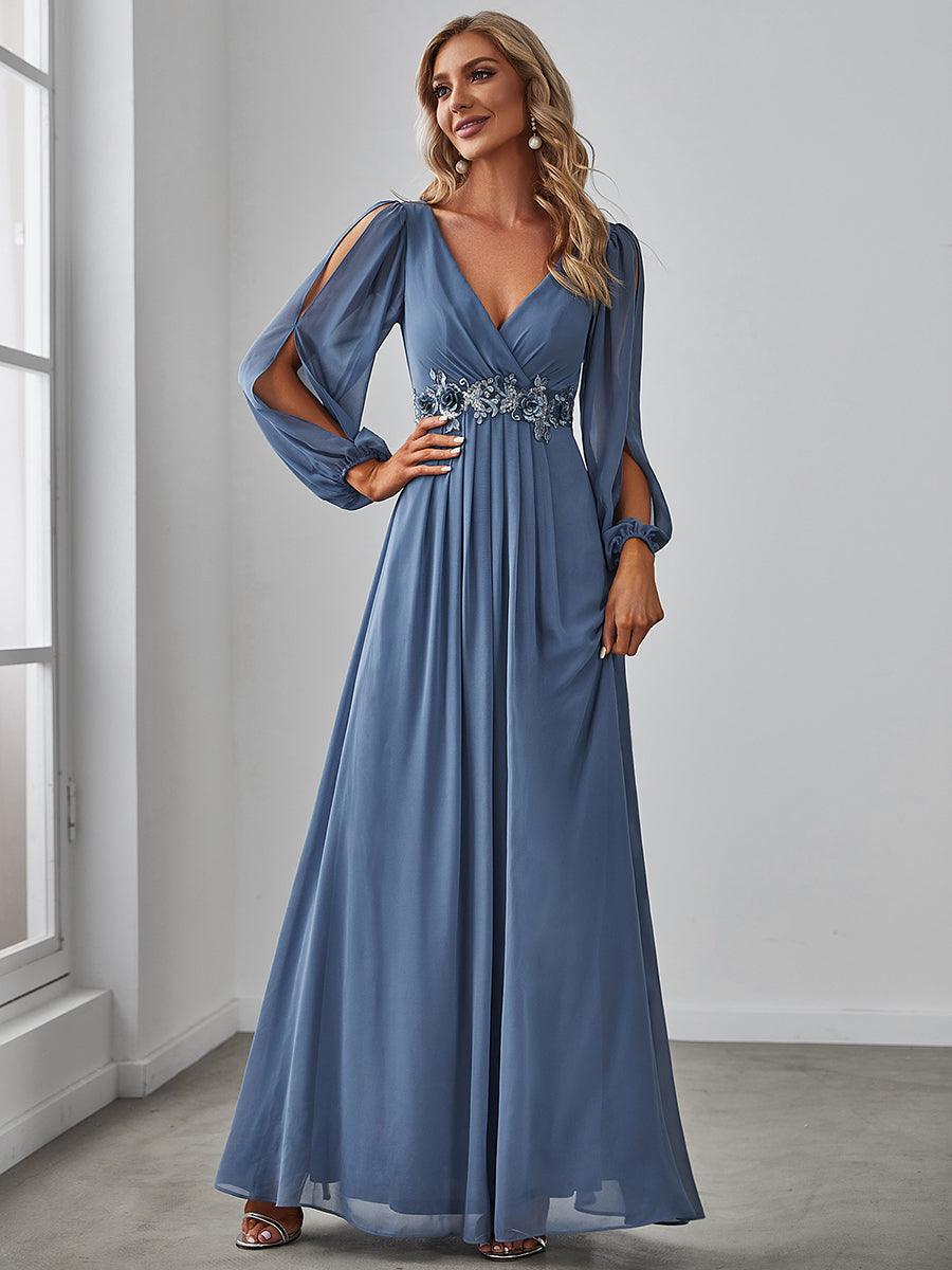 Taille personnalisée Robe de Soiree Longue Elegante Avec Lanterne en V Profond #Couleur_Marine Fume