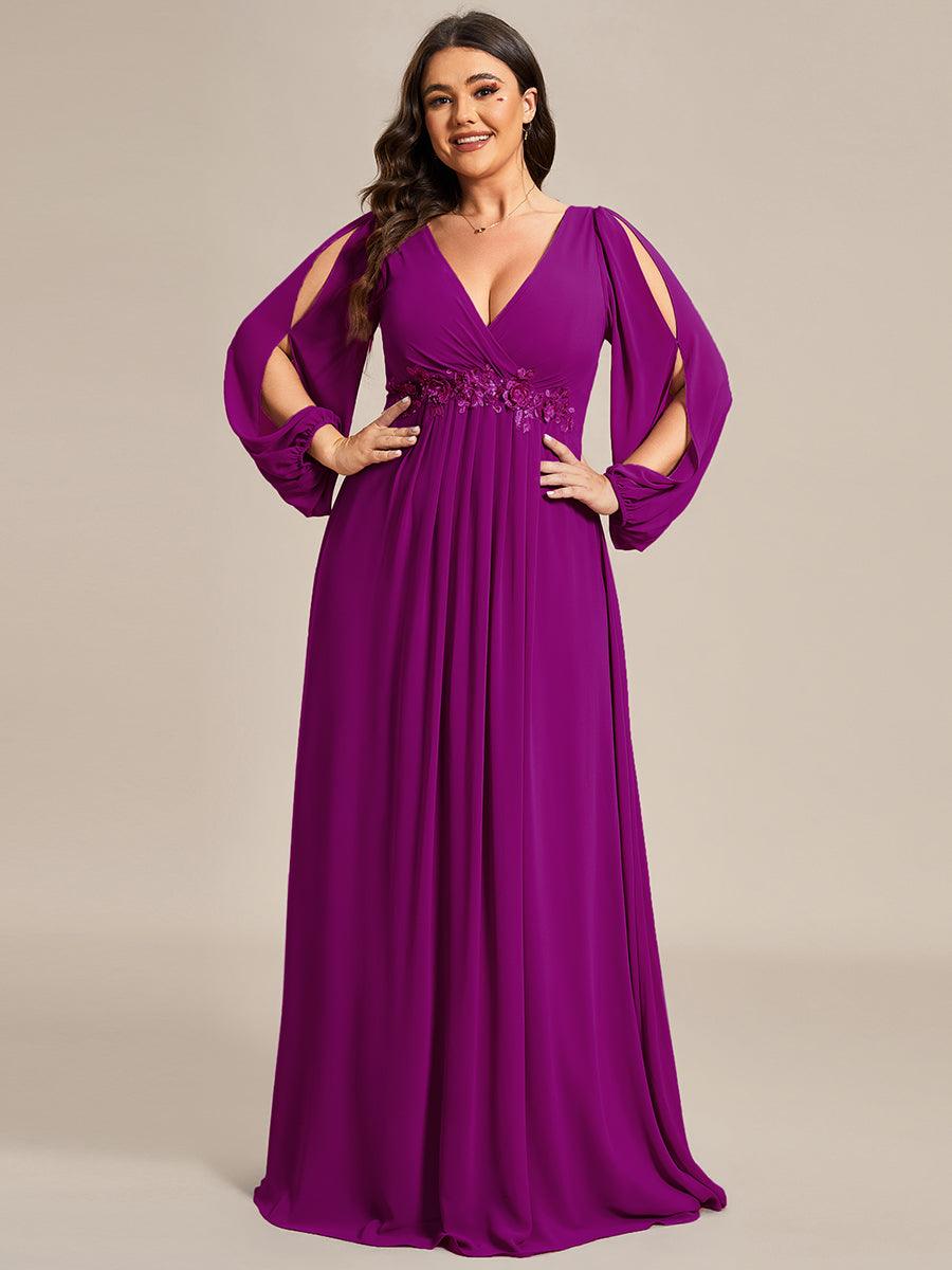 Robe Mère De La Mariée moderne Longue Elegante Avec Lanterne en V Profond #Couleur_Fuchsia