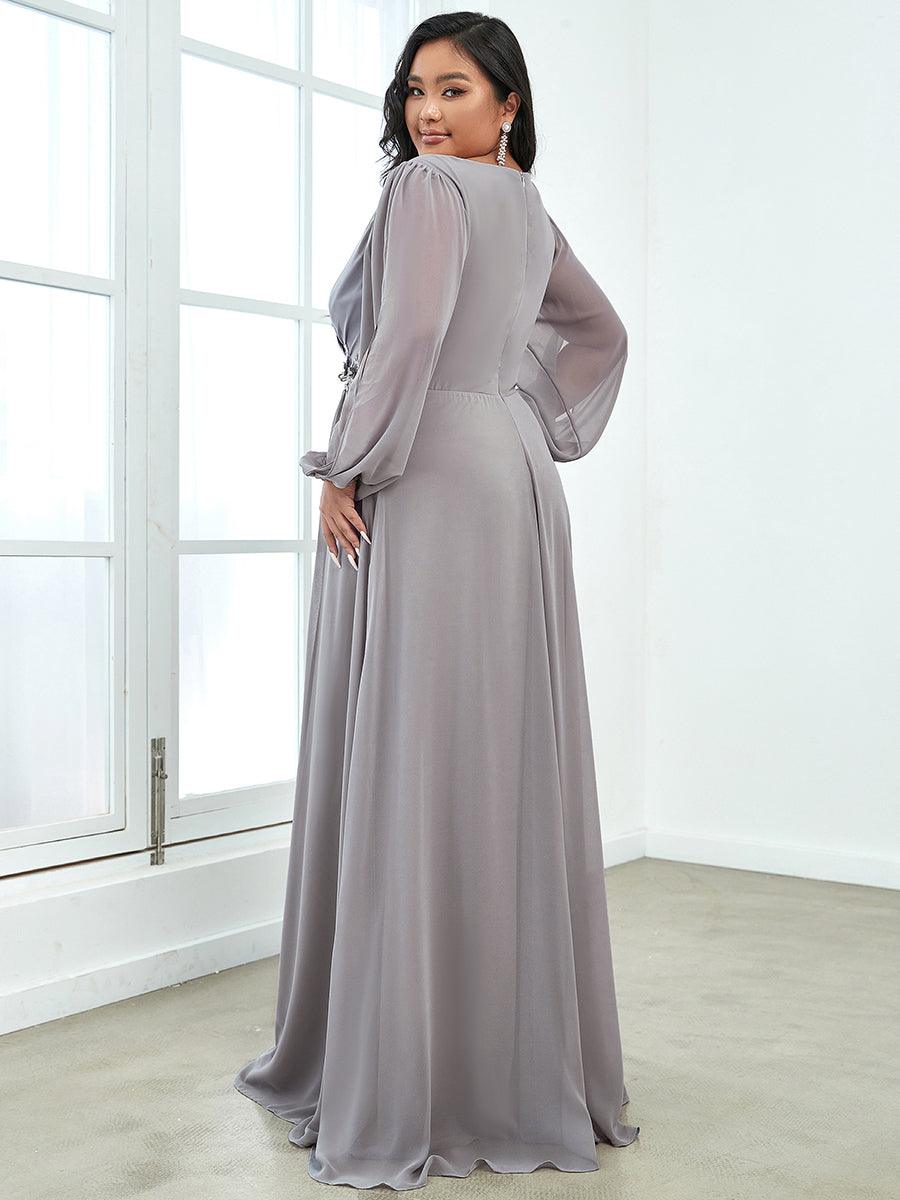 Robe Mère De La Mariée moderne Longue Elegante Avec Lanterne en V Profond #Couleur_Gris