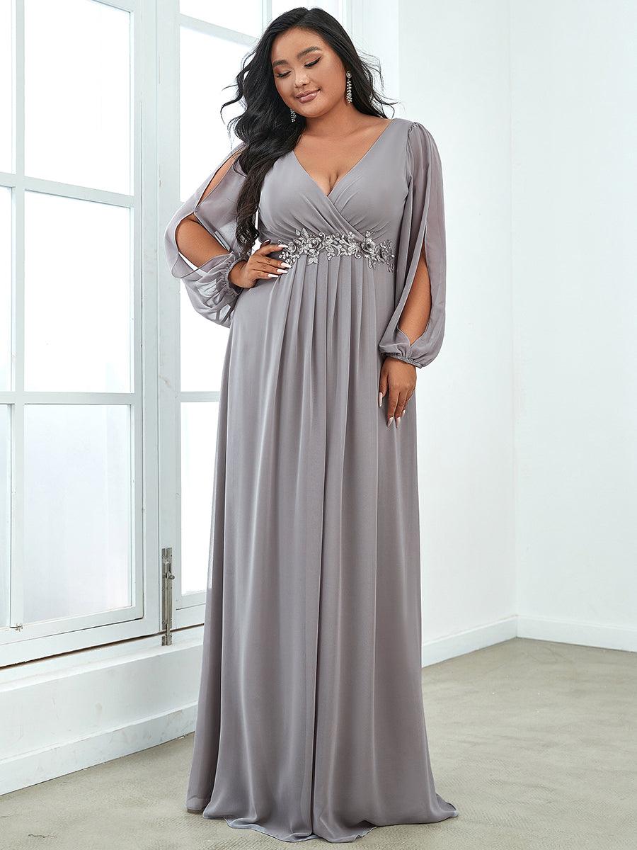 Robe Mère De La Mariée moderne Longue Elegante Avec Lanterne en V Profond #Couleur_Gris