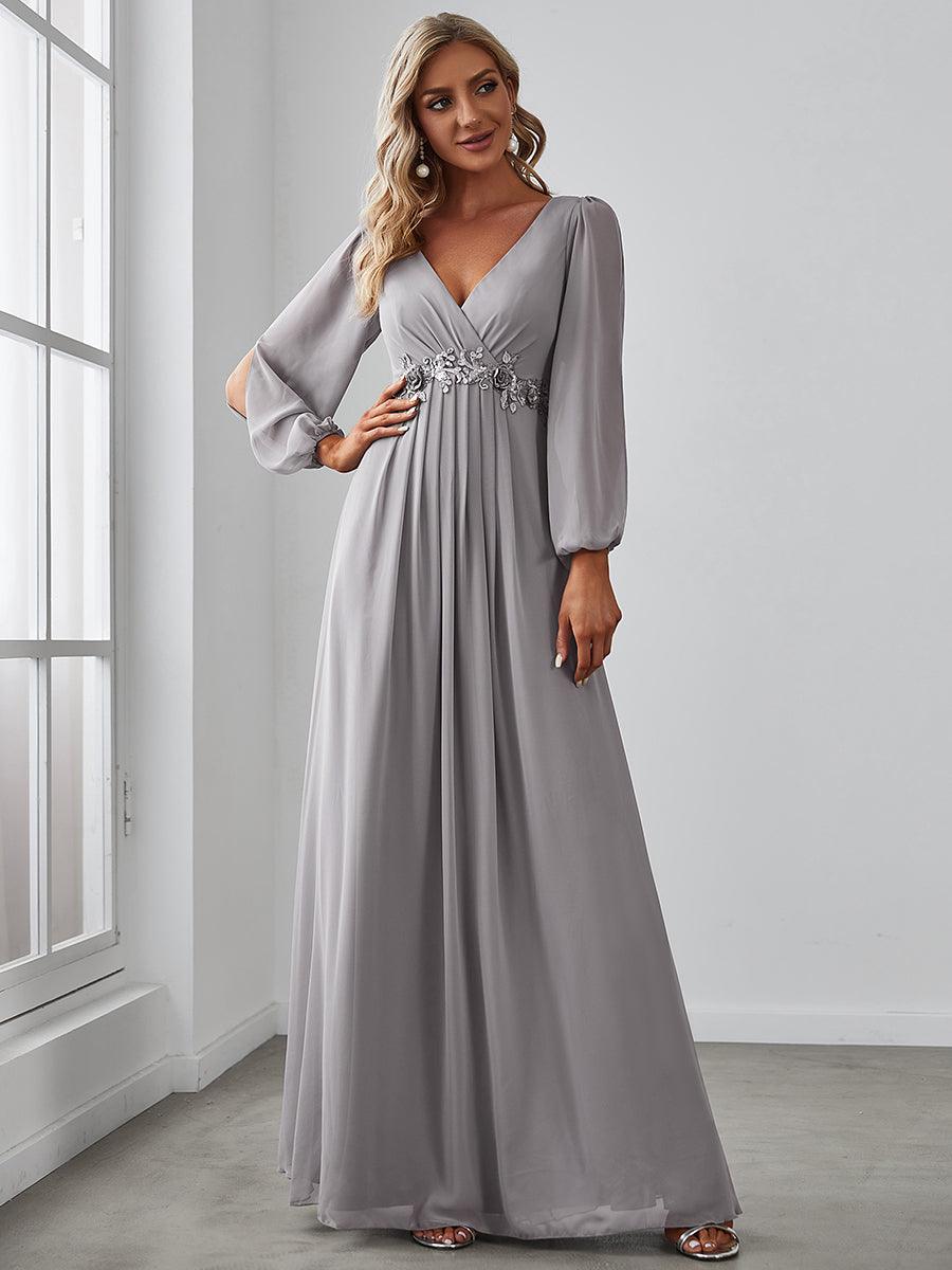 Taille personnalisée Robe de Soiree Longue Elegante Avec Lanterne en V Profond #Couleur_Gris