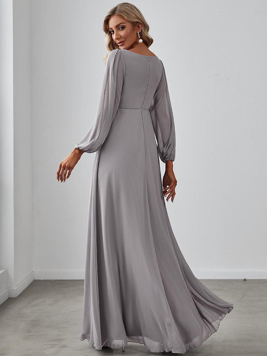 Robe Mère De La Mariée moderne Longue Elegante Avec Lanterne en V Profond #Couleur_Gris