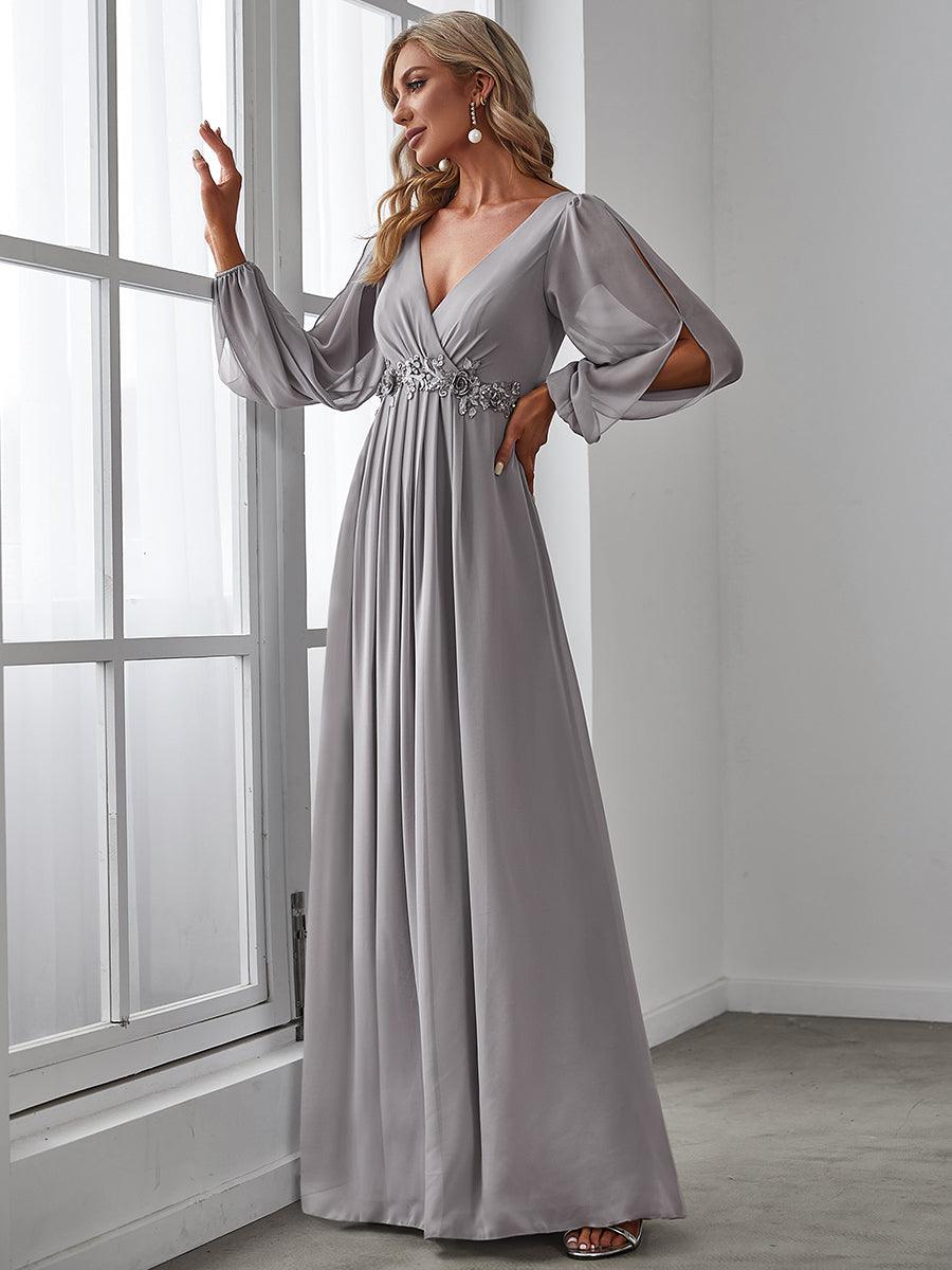 Taille personnalisée Robe de Soiree Longue Elegante Avec Lanterne en V Profond #Couleur_Gris