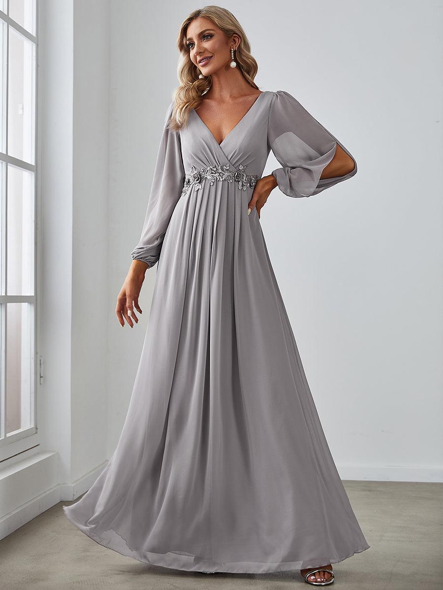 Robe Mère De La Mariée moderne Longue Elegante Avec Lanterne en V Profond #Couleur_Gris