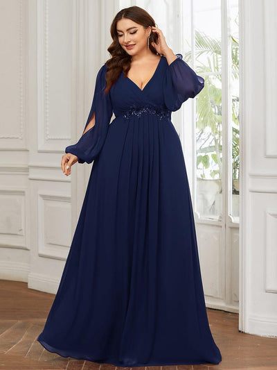 pretty AMOUR|Robes de soirée élégantes en mousseline de soie grande taille avec manches longues en lanterne