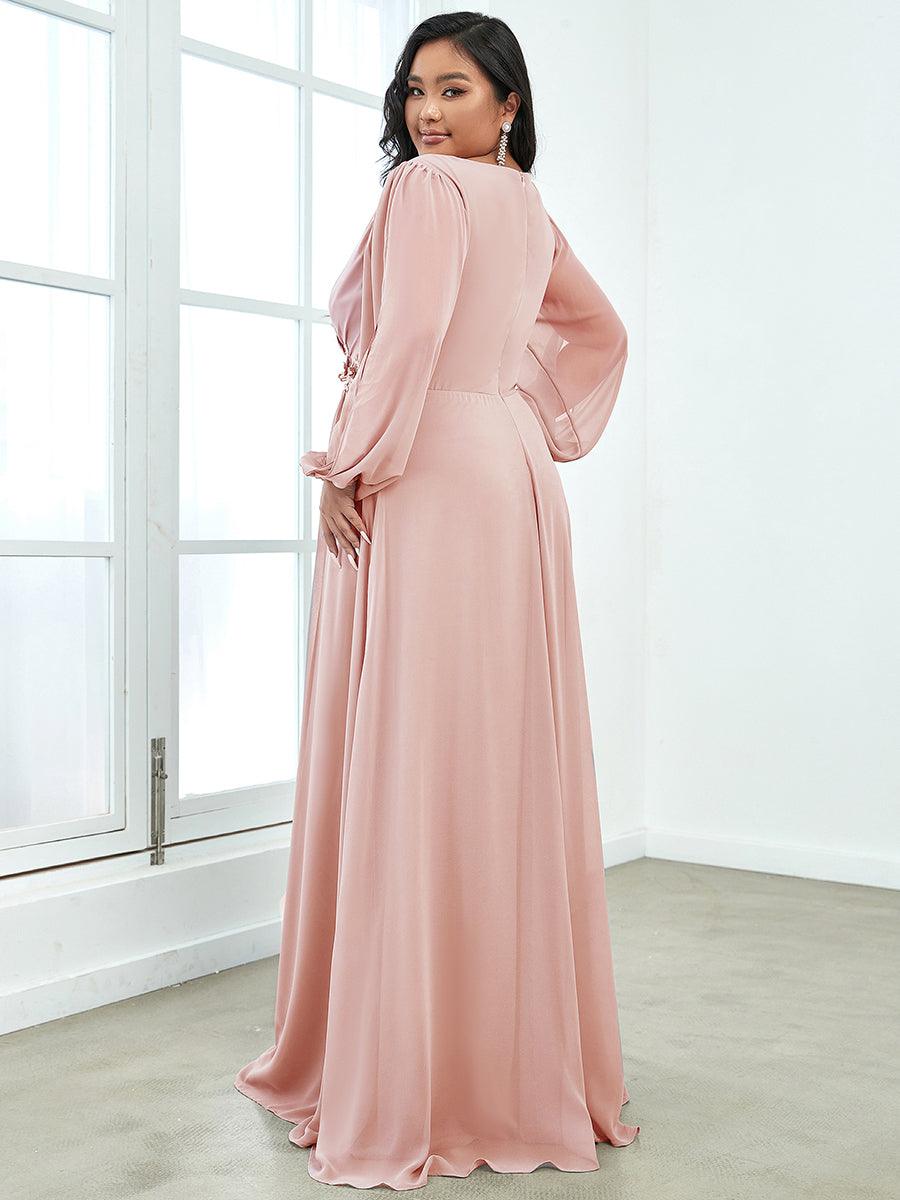 Robe Mère De La Mariée moderne Longue Elegante Avec Lanterne en V Profond #Couleur_Rose