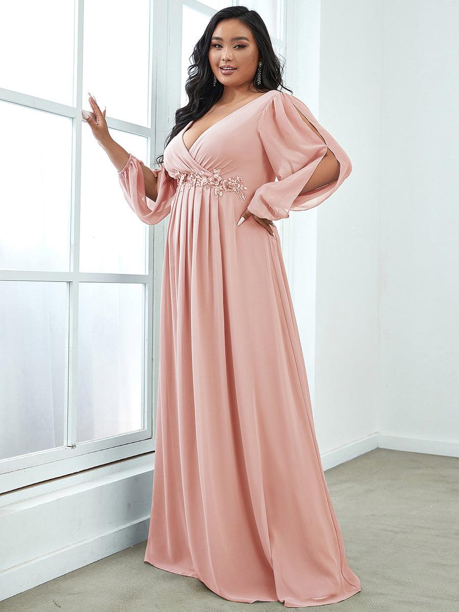 Robe Mère De La Mariée moderne Longue Elegante Avec Lanterne en V Profond #Couleur_Rose