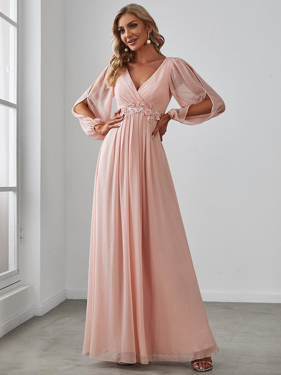 Robe Mère De La Mariée moderne Longue Elegante Avec Lanterne en V Profond #Couleur_Rose