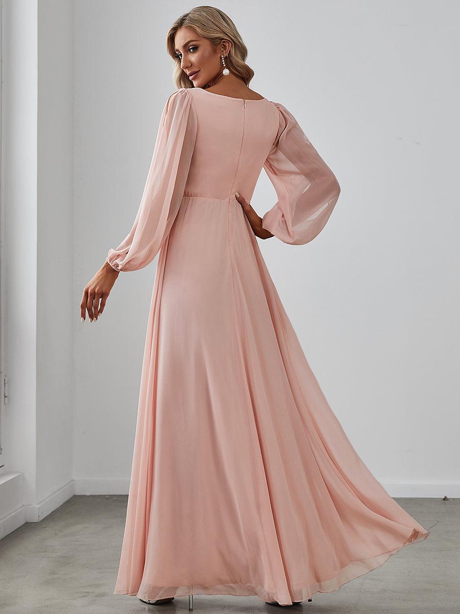 Taille personnalisée Robe de Soiree Longue Elegante Avec Lanterne en V Profond #Couleur_Rose