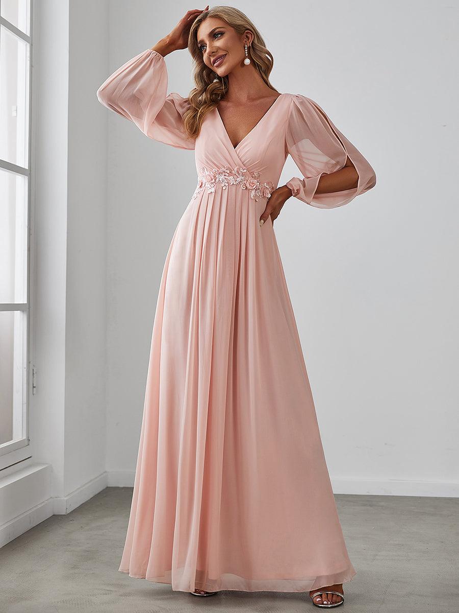 Robe Mère De La Mariée moderne Longue Elegante Avec Lanterne en V Profond #Couleur_Rose