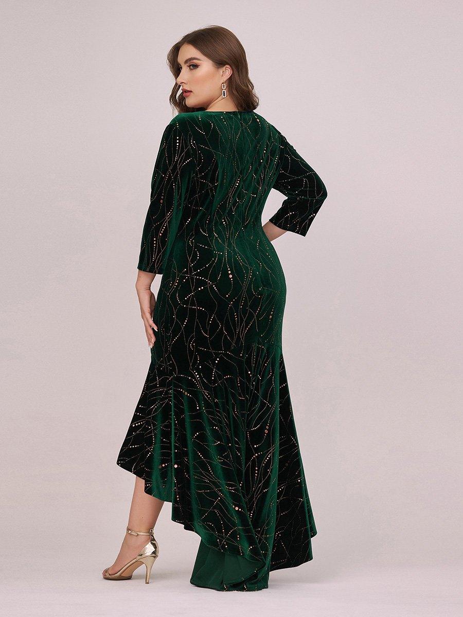 Robe de Soirée Empire Grande Taille Moulante et Asymétrique en Velours #Couleur_Vert Fonce