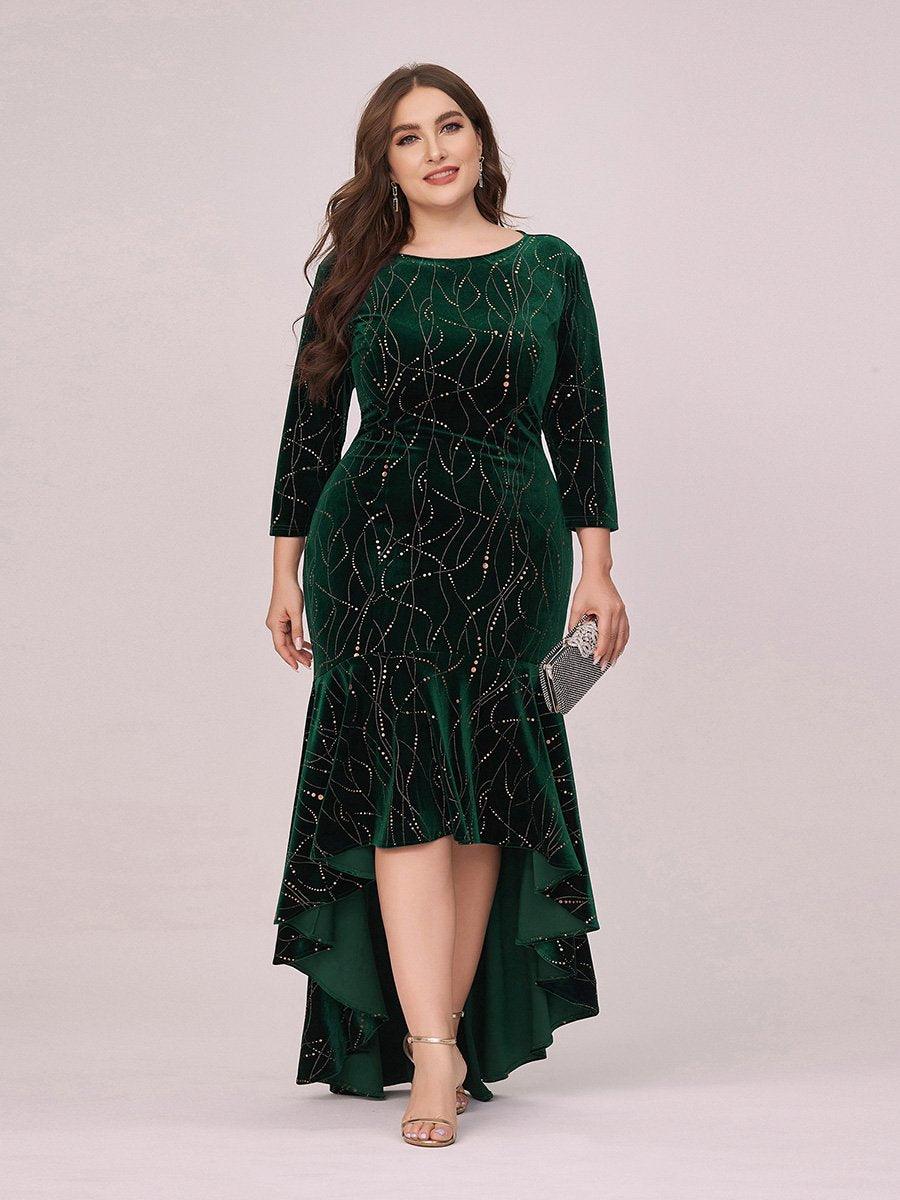 Robe de Soirée Empire Grande Taille Moulante et Asymétrique en Velours #Couleur_Vert Fonce