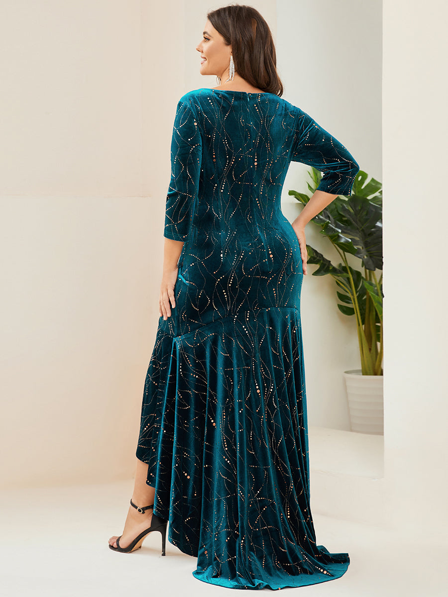 Robe de Soirée Empire Grande Taille Moulante et Asymétrique en Velours #Couleur_Bleu Sarcelle