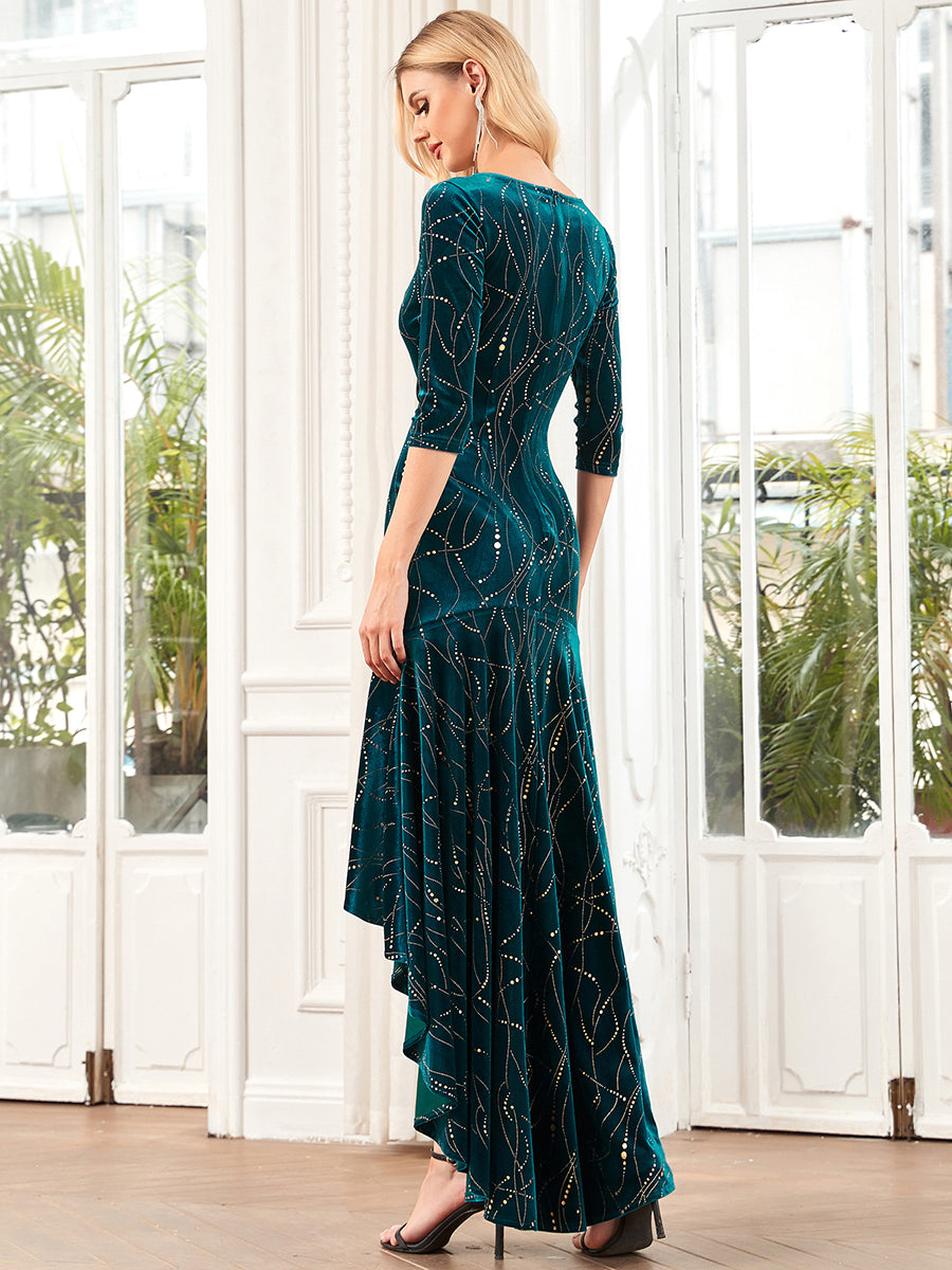 élégante Robe De Soirée En Velours Haute-basse #Couleur_Bleu Sarcelle