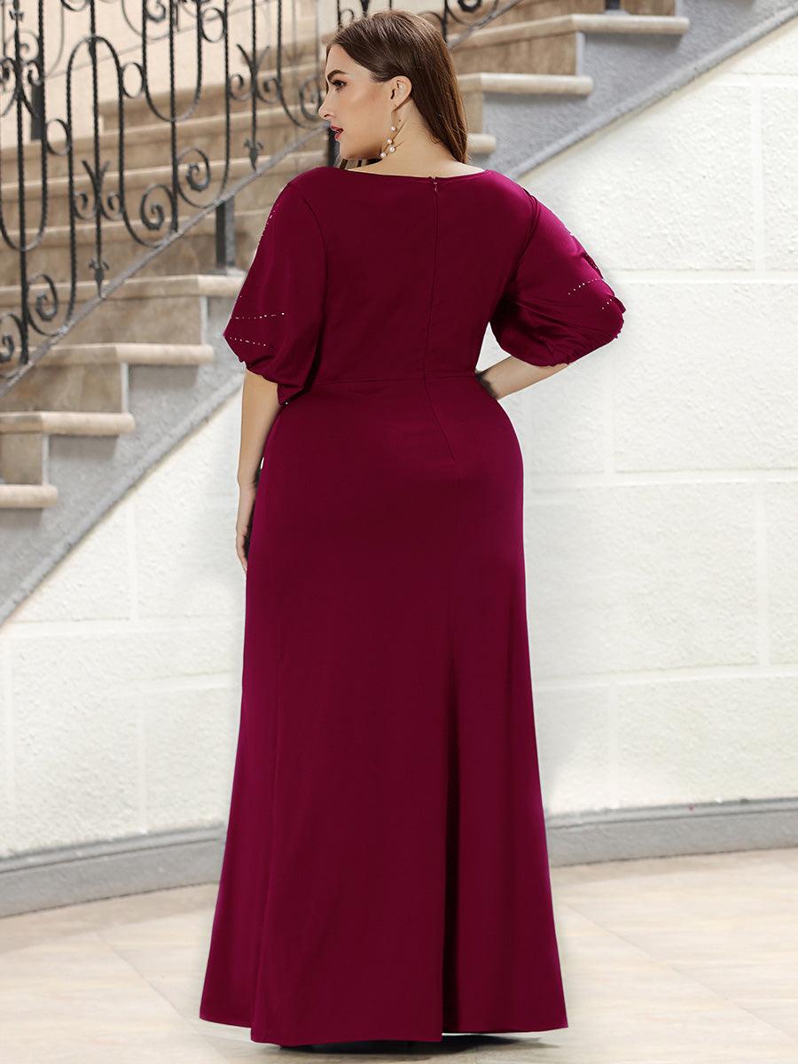 Robe de Soirée Longue Grande Taille Chic à Col Rond et Demi Manches #Couleur_Bordeaux