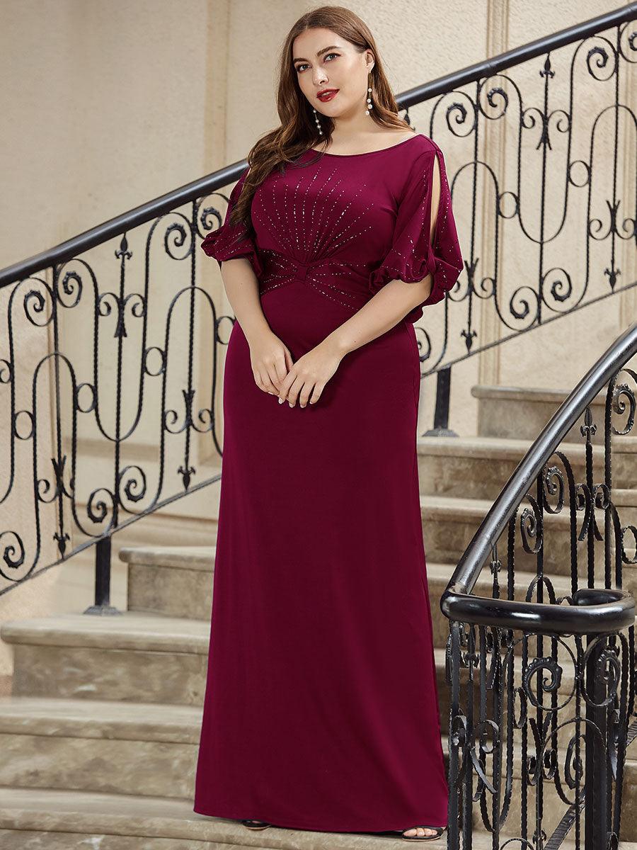 Robe de Soirée Longue Grande Taille Chic à Col Rond et Demi Manches #Couleur_Bordeaux