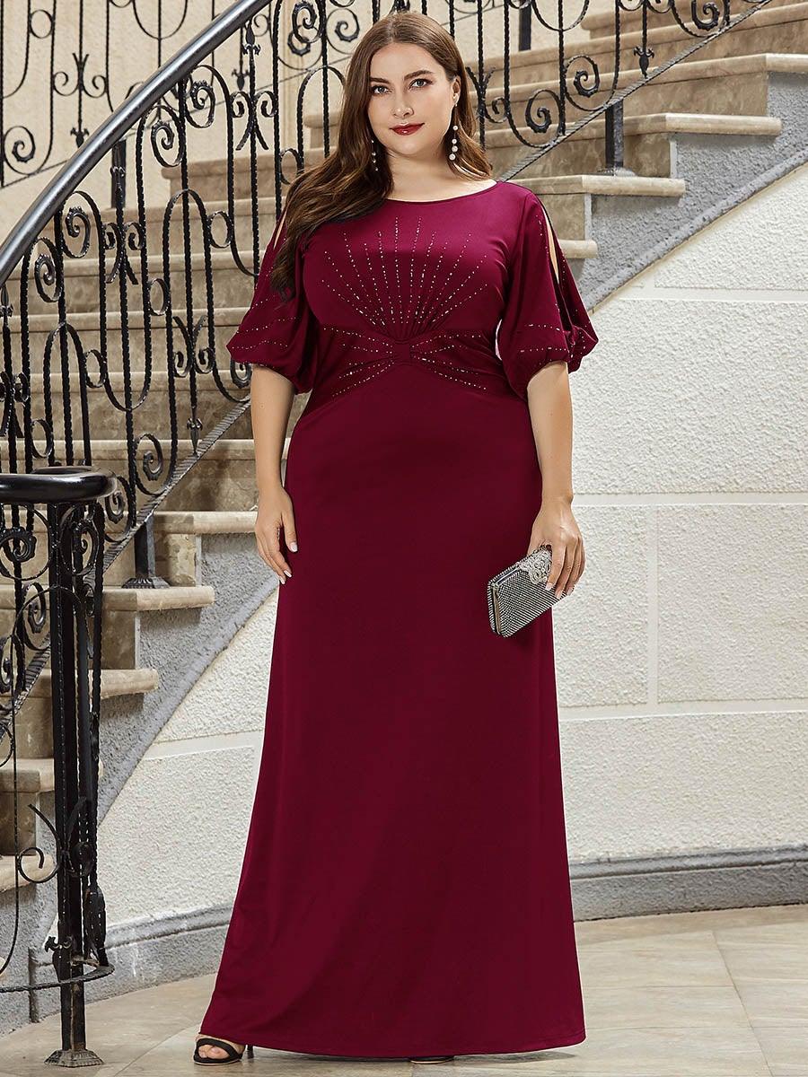 Robe de Soirée Longue Grande Taille Chic à Col Rond et Demi Manches #Couleur_Bordeaux