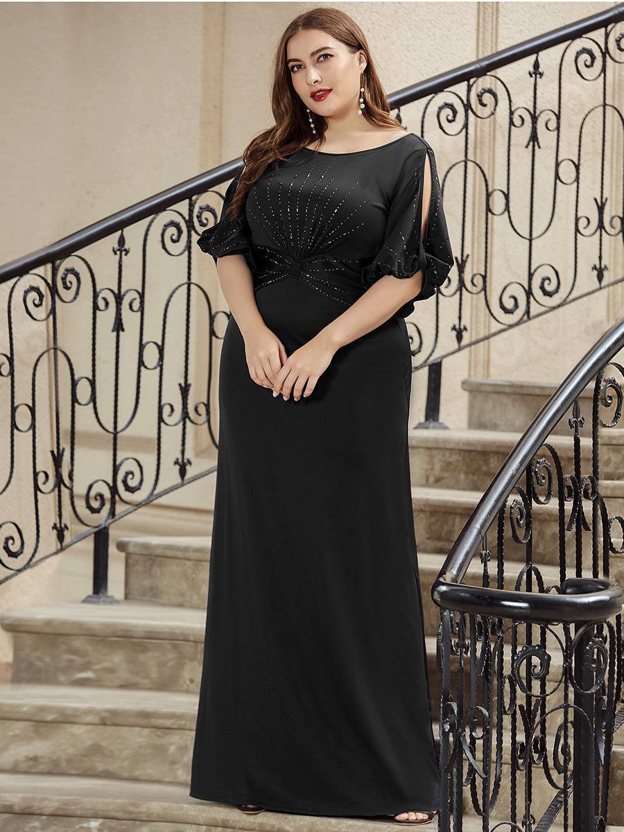 Robe de Soirée Longue Grande Taille Chic à Col Rond et Demi Manches #Couleur_Noir