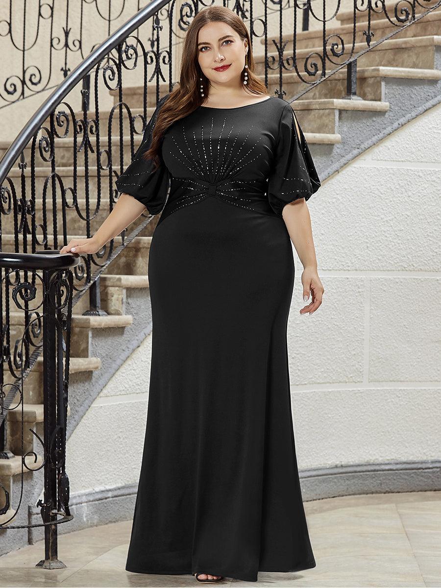 Robe de Soirée Longue Grande Taille Chic à Col Rond et Demi Manches #Couleur_Noir