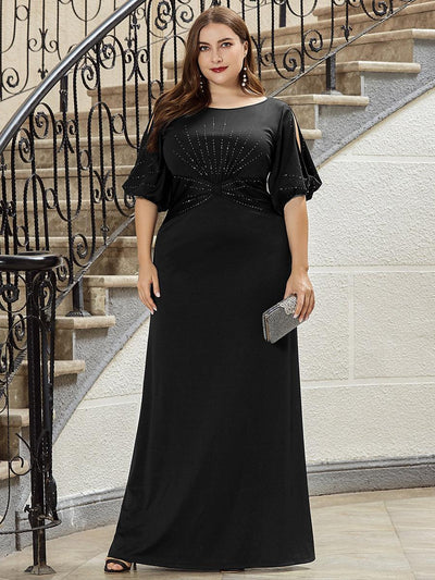 pretty VICOTIRE|Robe de Soirée Longue Grande Taille Chic à Col Rond et Demi Manches(Vente Finale)