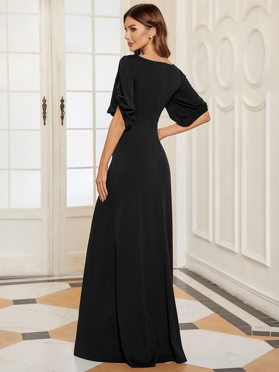 Robe de Soirée Longue Chic à Col Rond et Demi Manches #Couleur_Noir