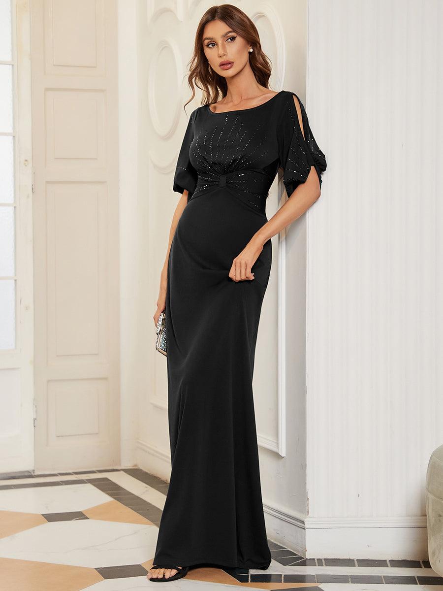 Robe de Soirée Longue Chic à Col Rond et Demi Manches